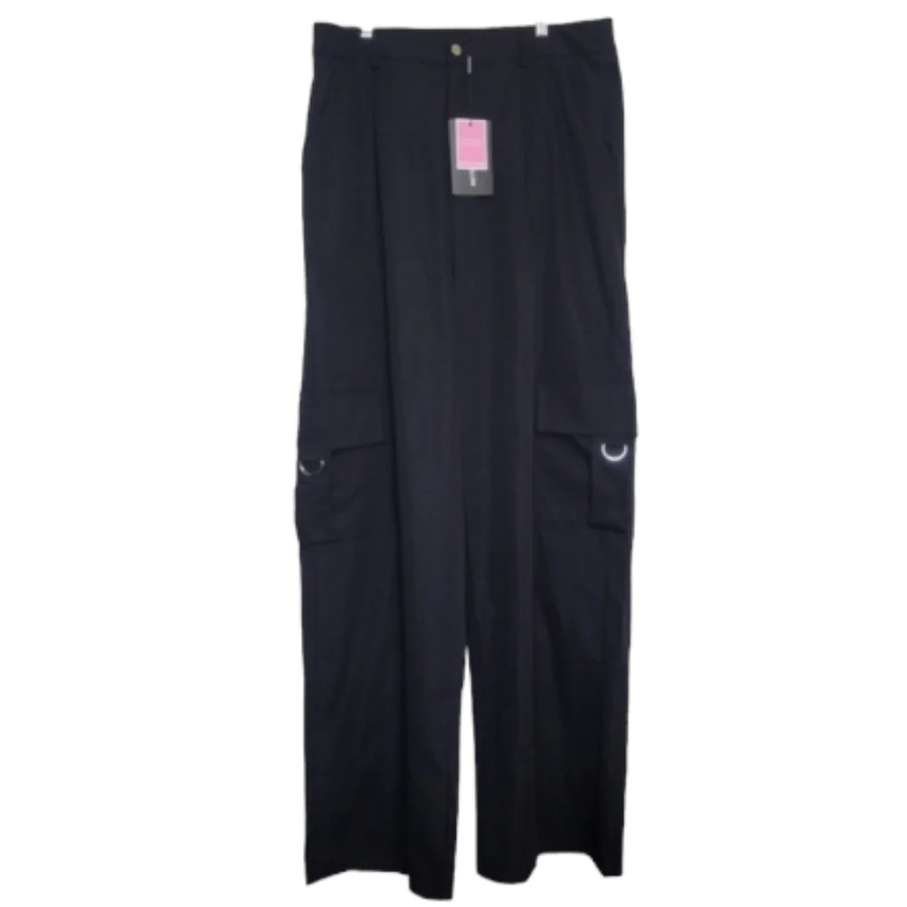 PrettyLittleThing Shape Black Buckle Detail Cargo Wide Leg Pants, Size 14 - Picture 4 of 16